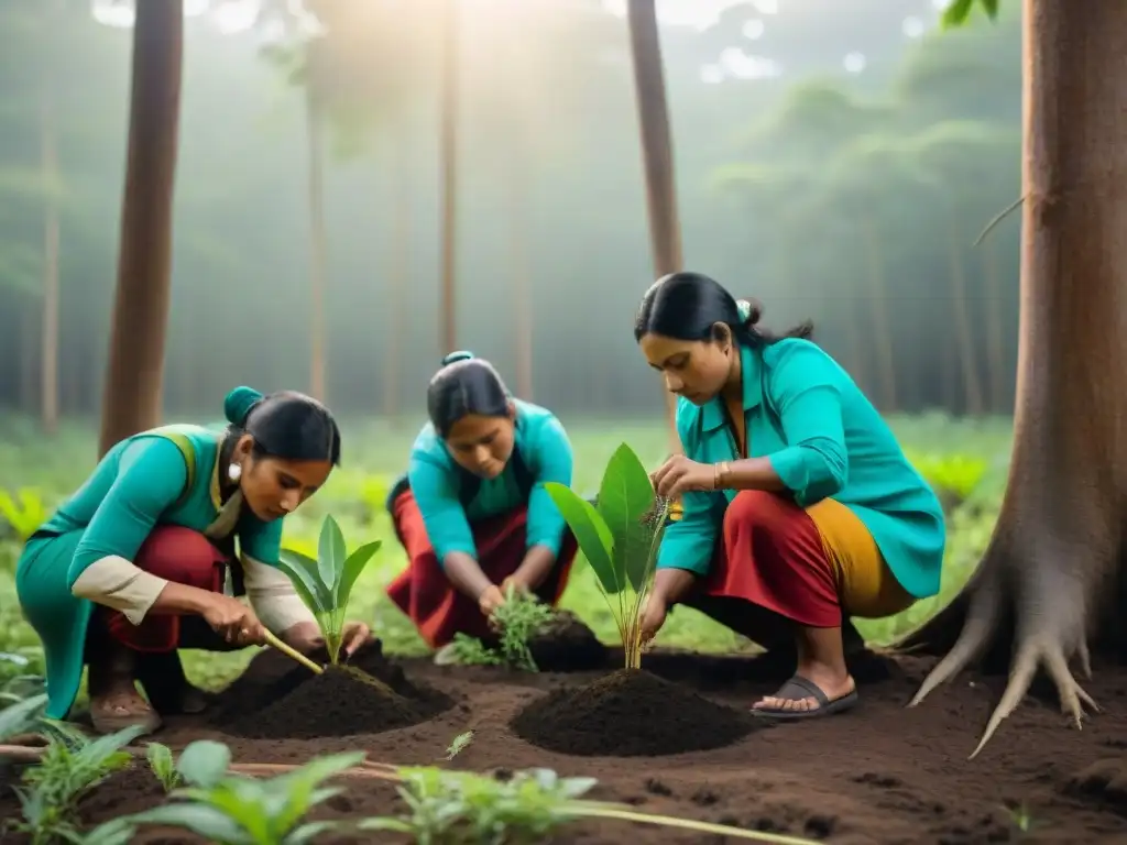 Mujeres indígenas en movimiento ambiental plantando árboles en el bosque, irradiando determinación y conexión con la tierra