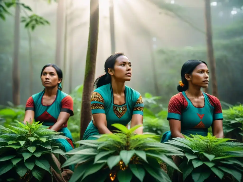 Mujeres indígenas en movimientos ambientales plantando árboles en la selva, unidas con determinación y fuerza