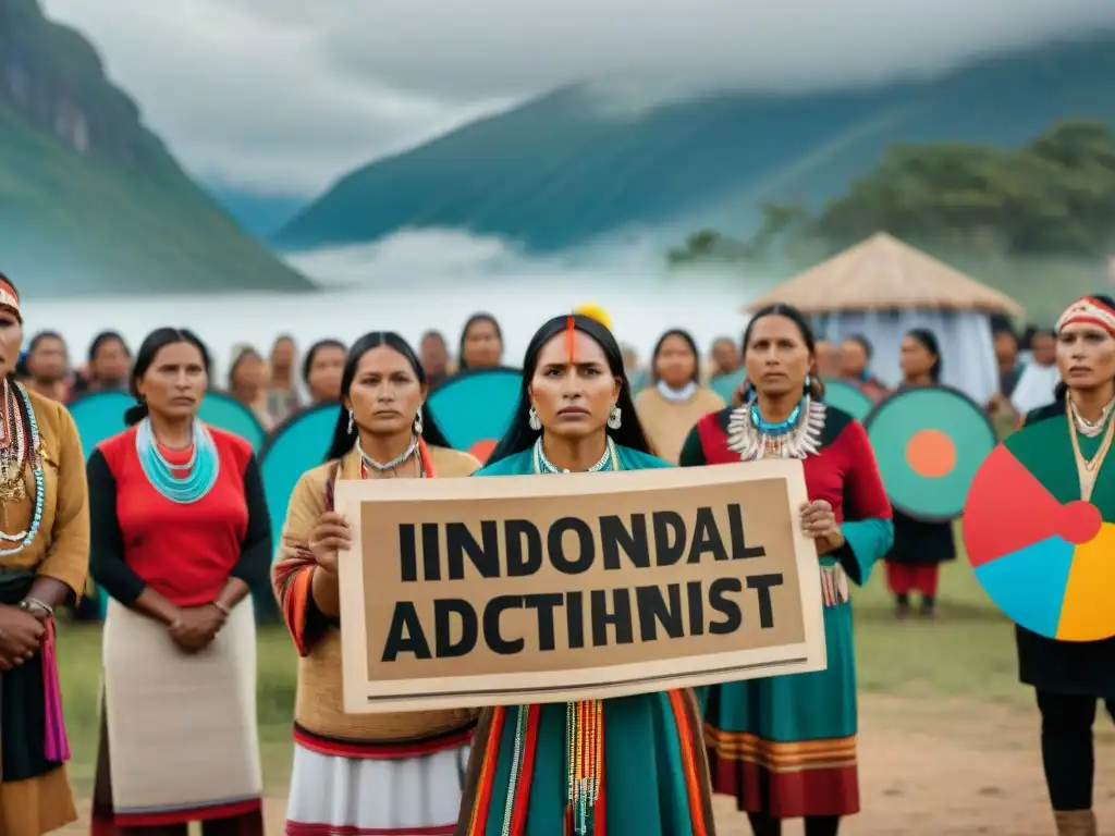 Mujeres indígenas en movimientos contemporáneos, protestando con determinación por sus derechos y empoderamiento, uniendo fuerzas y tradiciones