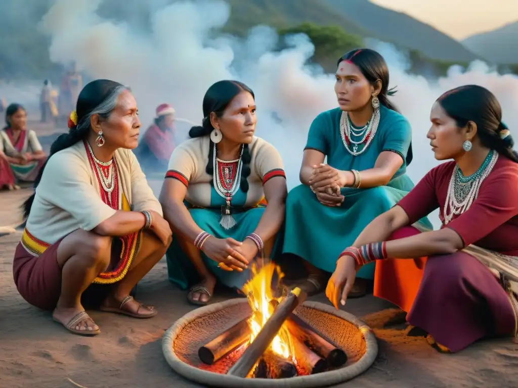 Mujeres indígenas en movimientos contemporáneos reunidas alrededor del fuego, vistiendo coloridas prendas y joyas artesanales, expresando determinación y sabiduría