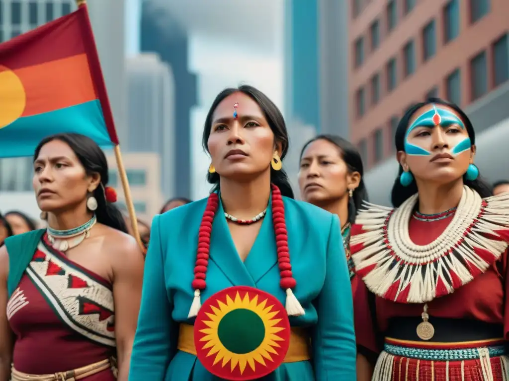 Mujeres indígenas en movimientos contemporáneos luchando por sus derechos con banners pintados a mano