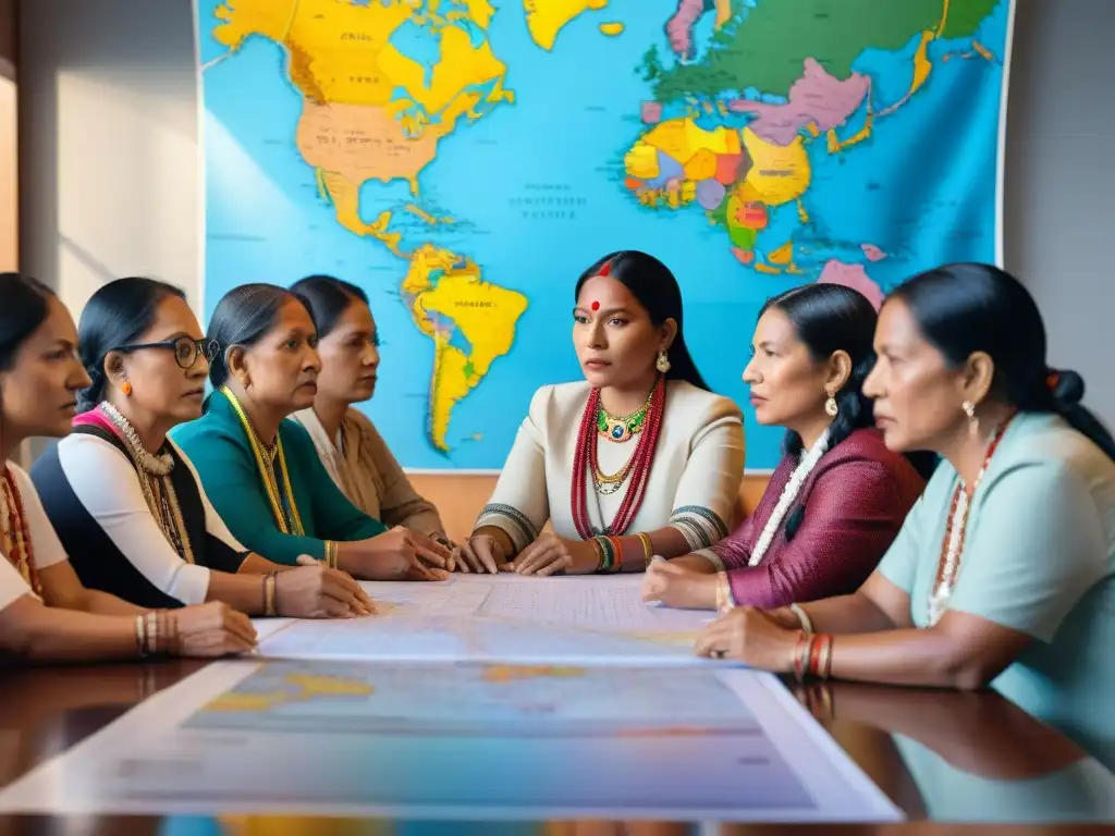 Mujeres indígenas de todo el mundo lideran discusión sobre derechos y globalización en sala llena de mapas y laptops