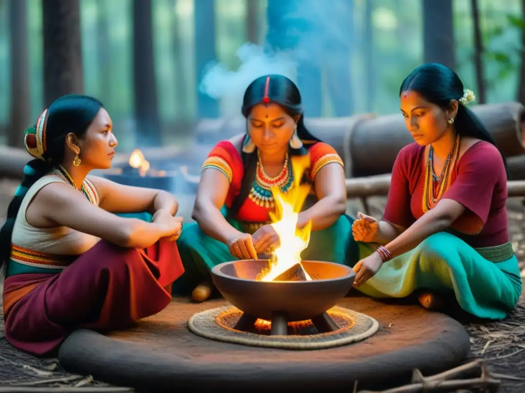 Mujeres indígenas conservan patrimonio cultural alrededor del fuego en el bosque, tejiendo, pintando, contando historias y moliendo especias