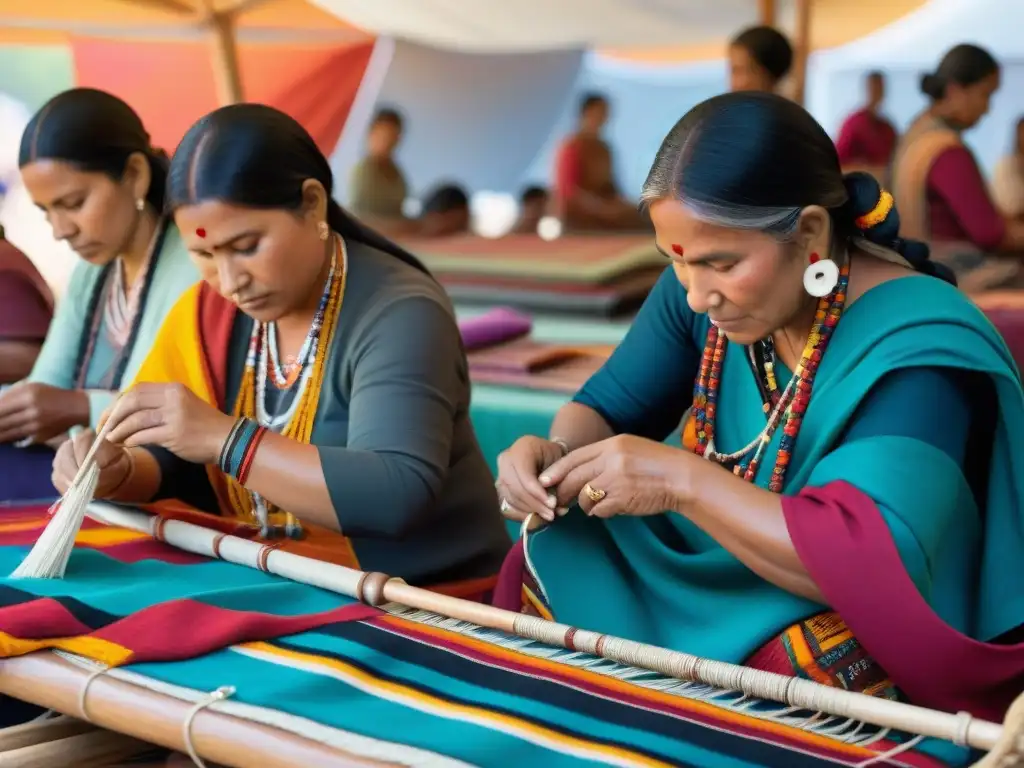 Mujeres indígenas tejiendo patrones coloridos en feria artesanal