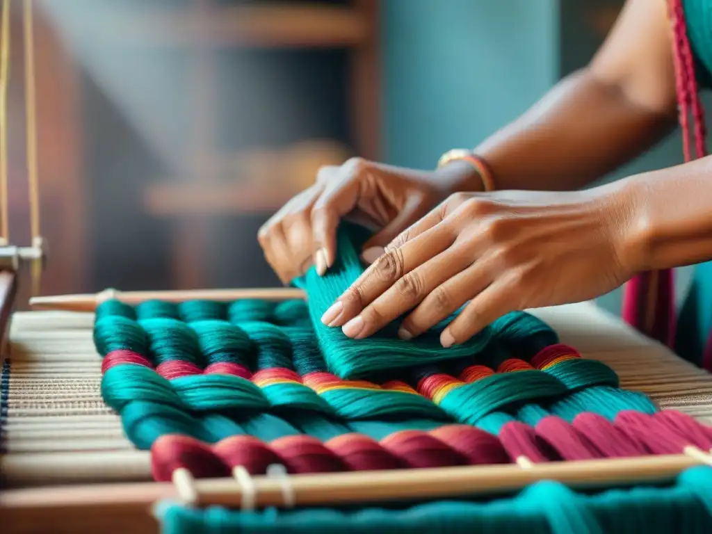 Mujeres indígenas tejiendo patrones coloridos en telar, mostrando su destreza y resistencia cultural