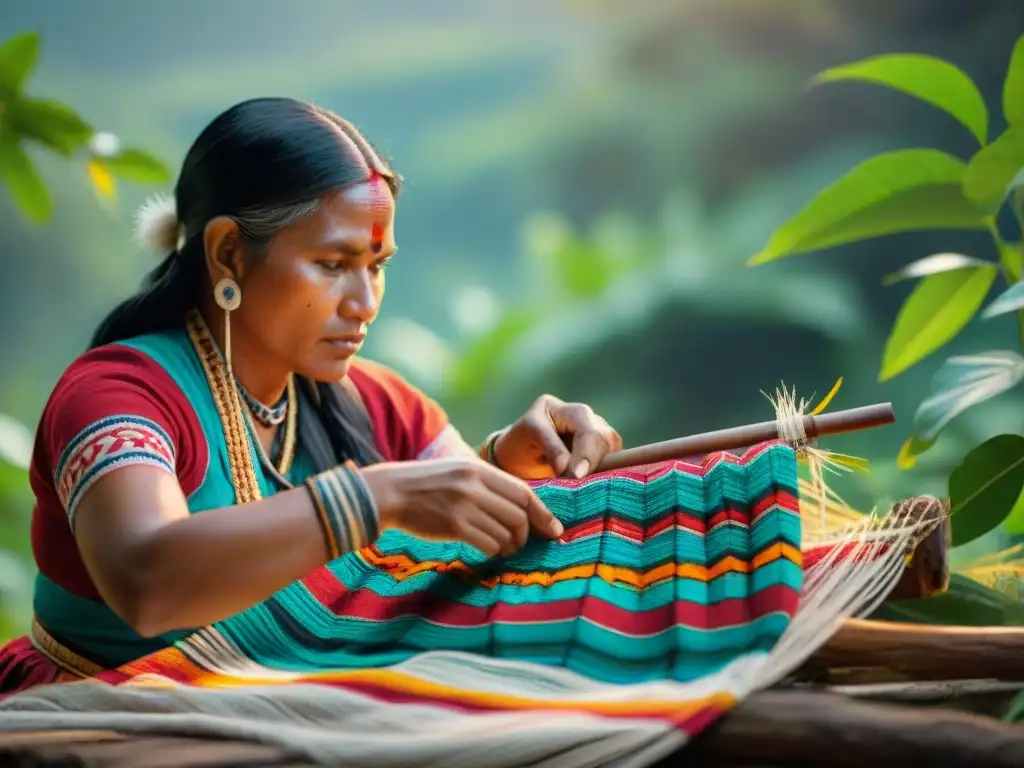 Mujeres indígenas tejiendo patrones en textiles vibrantes rodeadas de naturaleza exuberante, resistiendo a la colonización