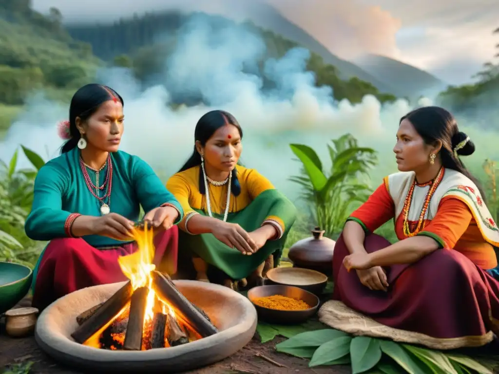 Mujeres indígenas preparando platillos coloridos alrededor de una fogata en el bosque