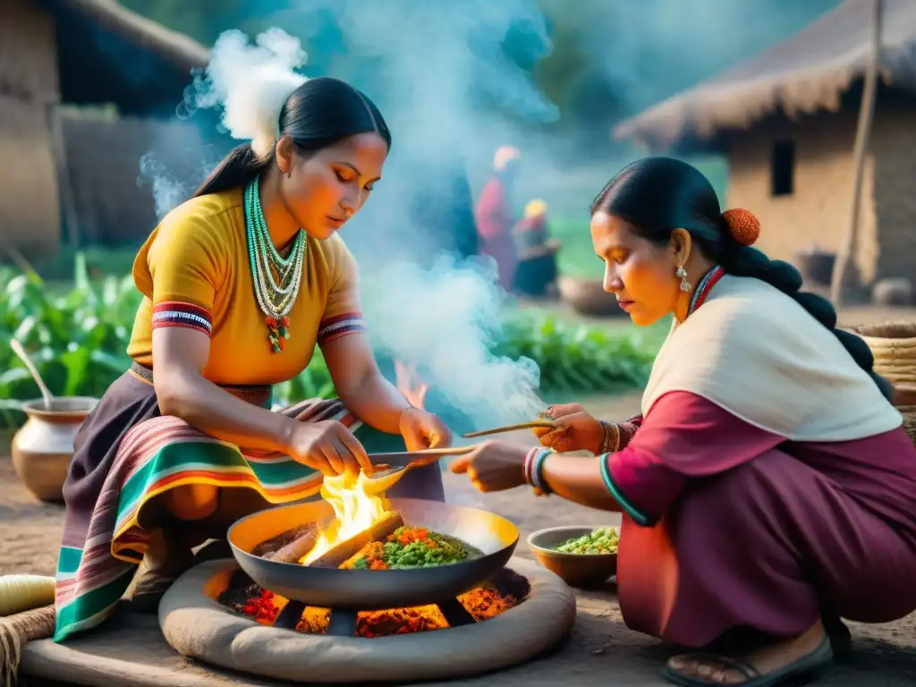 Mujeres indígenas preparando platillos tradicionales en fogón de piedra al aire libre, demostrando su expertise culinario y conexión con la tierra