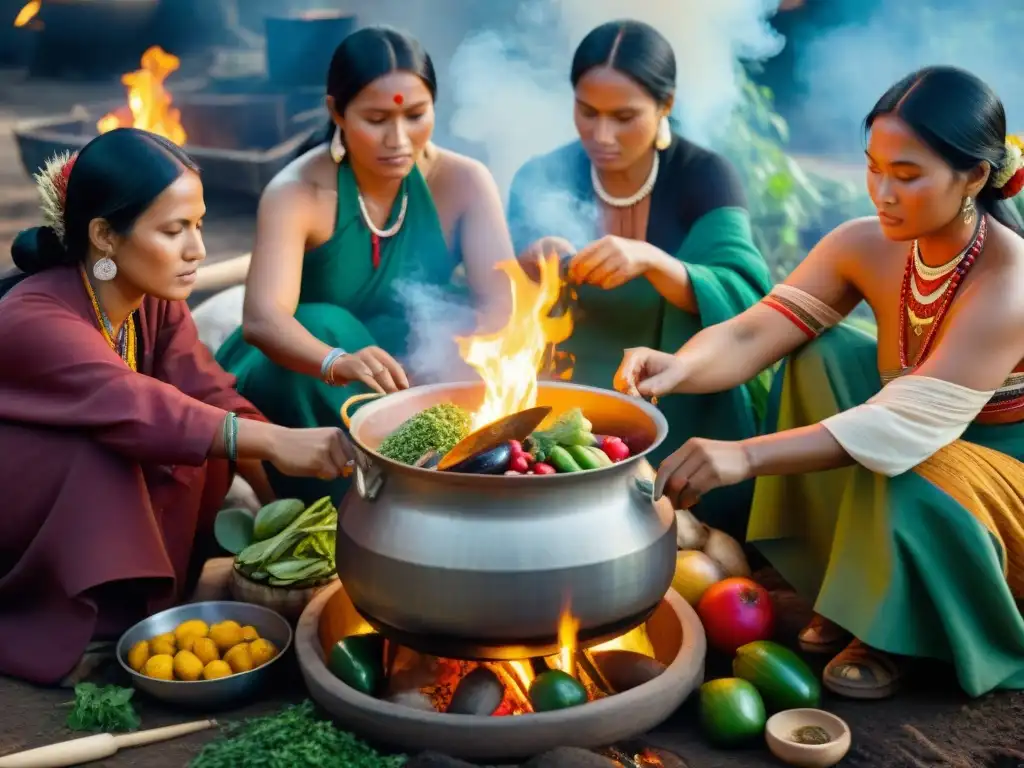 Mujeres indígenas preparando plato tradicional alrededor de fogón con ingredientes coloridos, mostrando resistencia gastronómica