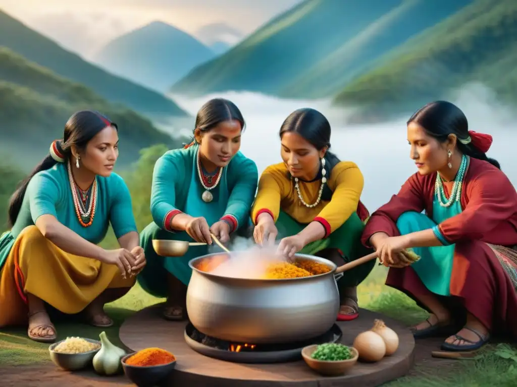 Mujeres indígenas preparando platos tradicionales al aire libre, demostrando su destreza culinaria y apego a la cultura