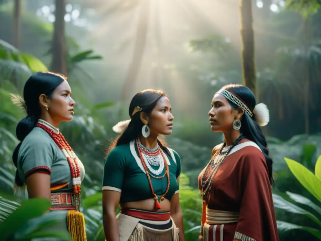 Mujeres indígenas en profunda conversación en la selva, reflejando sabiduría y determinación