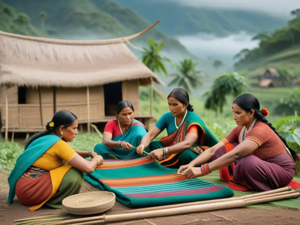 Mujeres indígenas tejiendo en proyecto de desarrollo comunitario