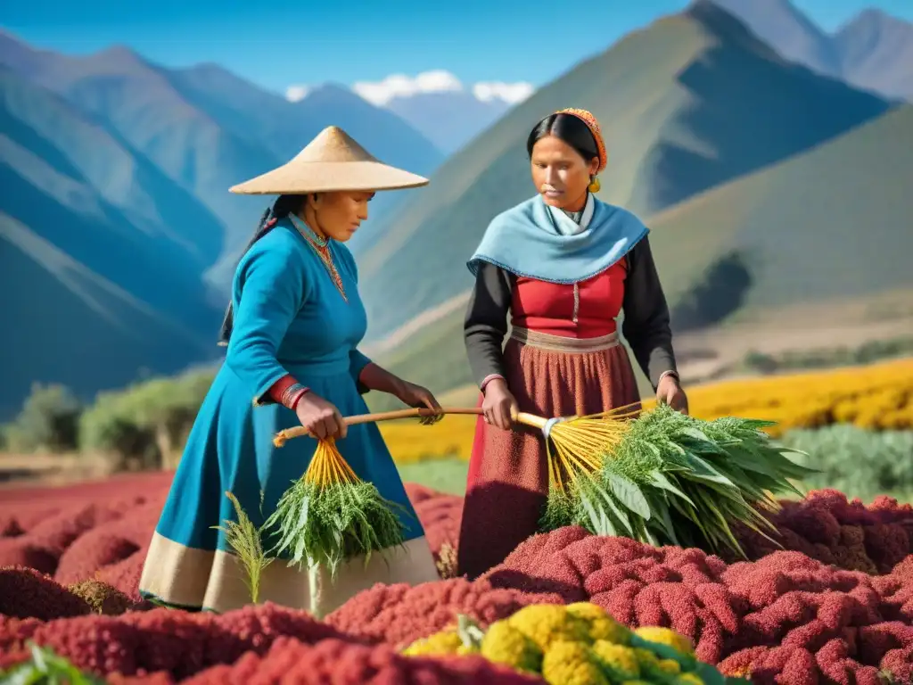 Mujeres indígenas cosechando quinua en los Andes