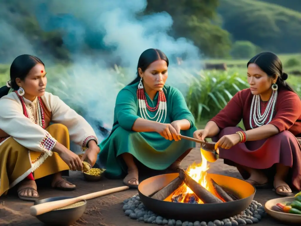 Mujeres indígenas preparando recetas ancestrales alrededor de fogata