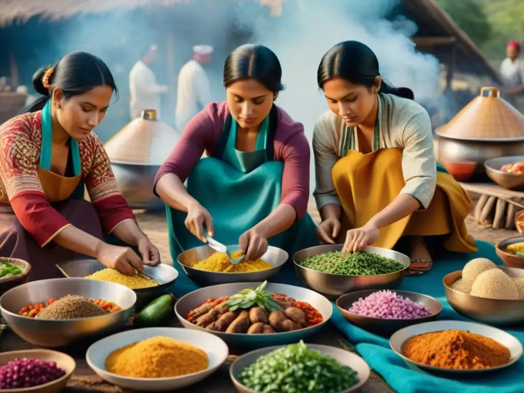 Mujeres indígenas preparando recetas tradicionales en festiva celebración al aire libre