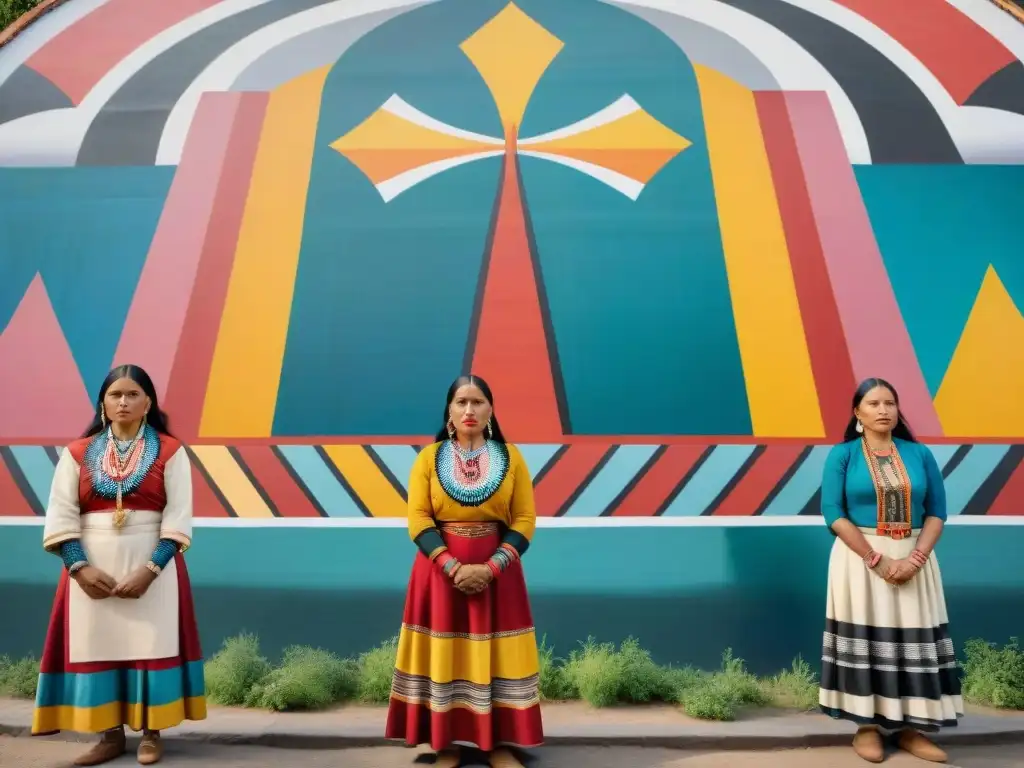 Mujeres indígenas resistencia patriarcado colonialismo: unidas frente a mural vibrante de empoderamiento y orgullo cultural