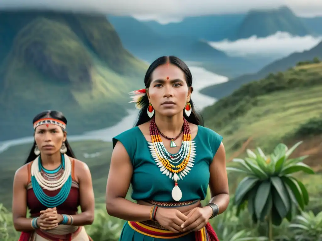 Mujeres indígenas en resistencia patriarcado colonialismo tejiendo, cultivando y bailando con orgullo y fuerza en paisaje montañoso