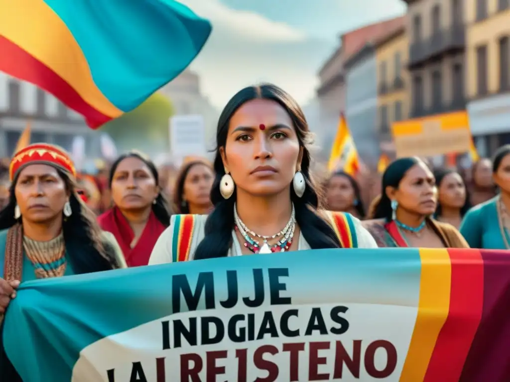 Mujeres indígenas liderando la resistencia en protesta con mensajes de empoderamiento y apoyo diverso