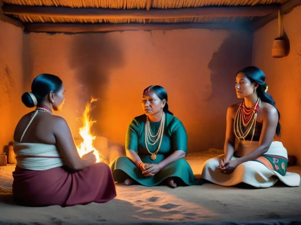 Mujeres indígenas reunidas en ceremonia alrededor del fuego en cabaña de techo de paja, destacando roles mujeres indígenas colonización