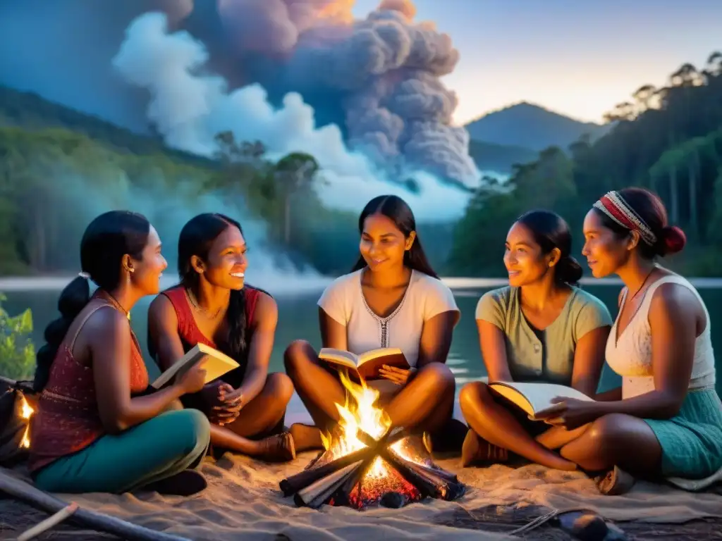 Mujeres indígenas reunidas alrededor de fogata nocturna, compartiendo historias con libros en mano, en medio de la naturaleza mágica