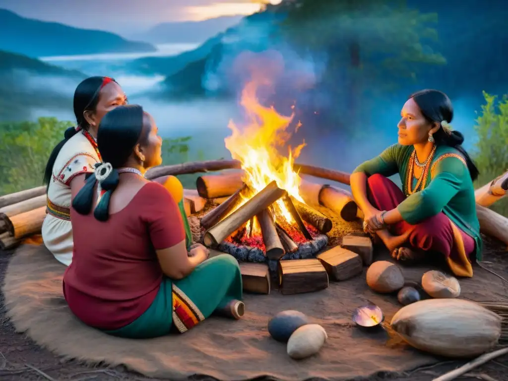 Mujeres indígenas reunidas alrededor de fogata bajo el cielo estrellado en la selva