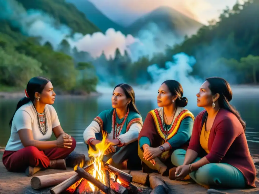 Mujeres indígenas reunidas alrededor de fogata en la selva, planificando movimientos de resistencia en América