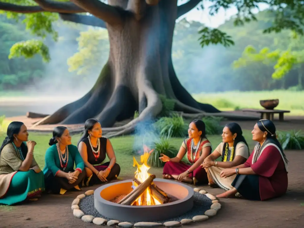 Mujeres indígenas en educación reunidas alrededor del fuego en el bosque, transmitiendo sabiduría y cultura a niños atentos