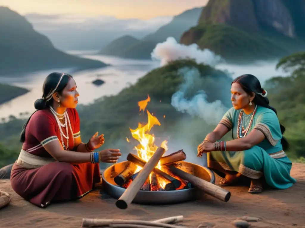 Conversación ancestral: Mujeres indígenas unidas por sus derechos Mujeres indígenas reunidas alrededor del fuego, simbolizando fuerza y unidad en la lucha por los derechos reproductivos