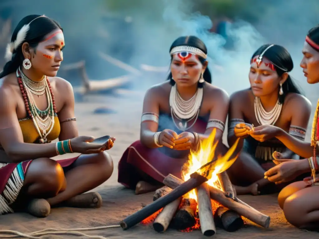 Mujeres indígenas en ritual alrededor del fuego, con joyas y textiles tradicionales