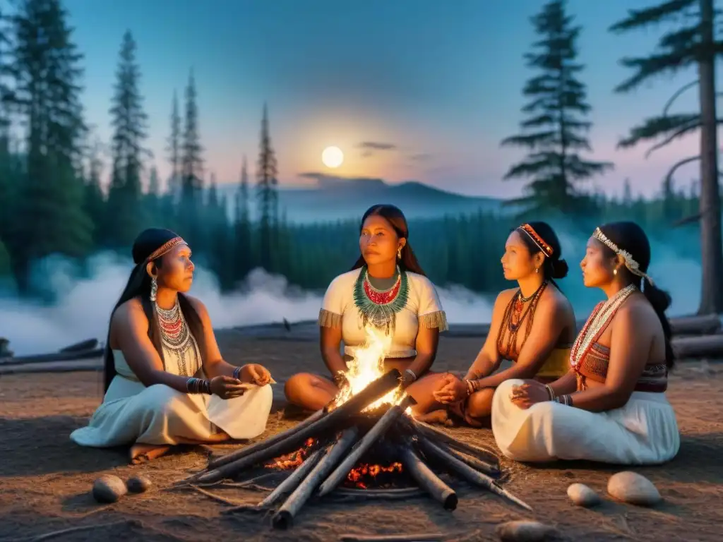 Mujeres indígenas en ritual de menstruación bajo la luna llena en el bosque