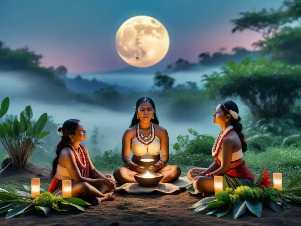 Mujeres indígenas en ritual menstrual bajo la luna llena, conectando con la naturaleza