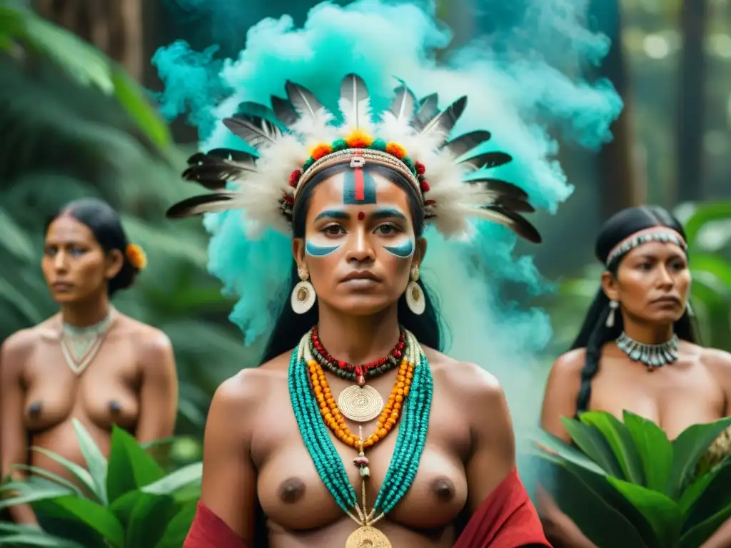 Ritual ancestral de parto entre mujeres indígenas en la selva Mujeres indígenas en ritual de parto, vestidas con trajes tradicionales coloridos y adornos de plumas y abalorios, rodean a una figura central