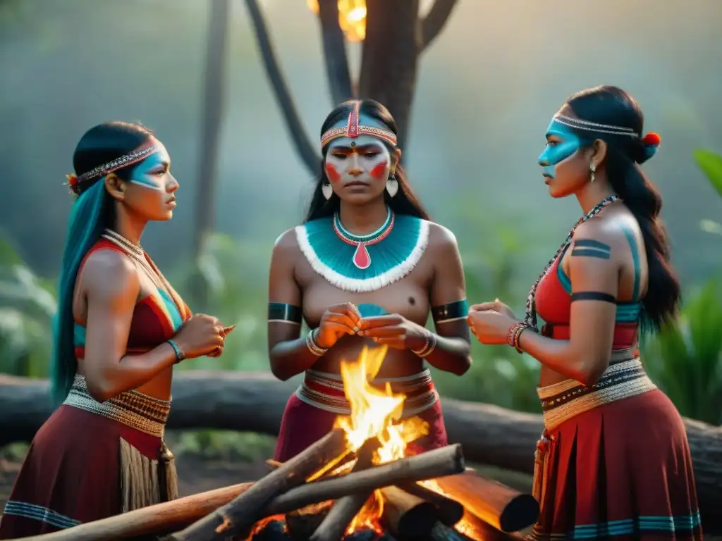 Mujeres indígenas en ritual de paso, unidas en círculo alrededor de fogata en bosque exuberante