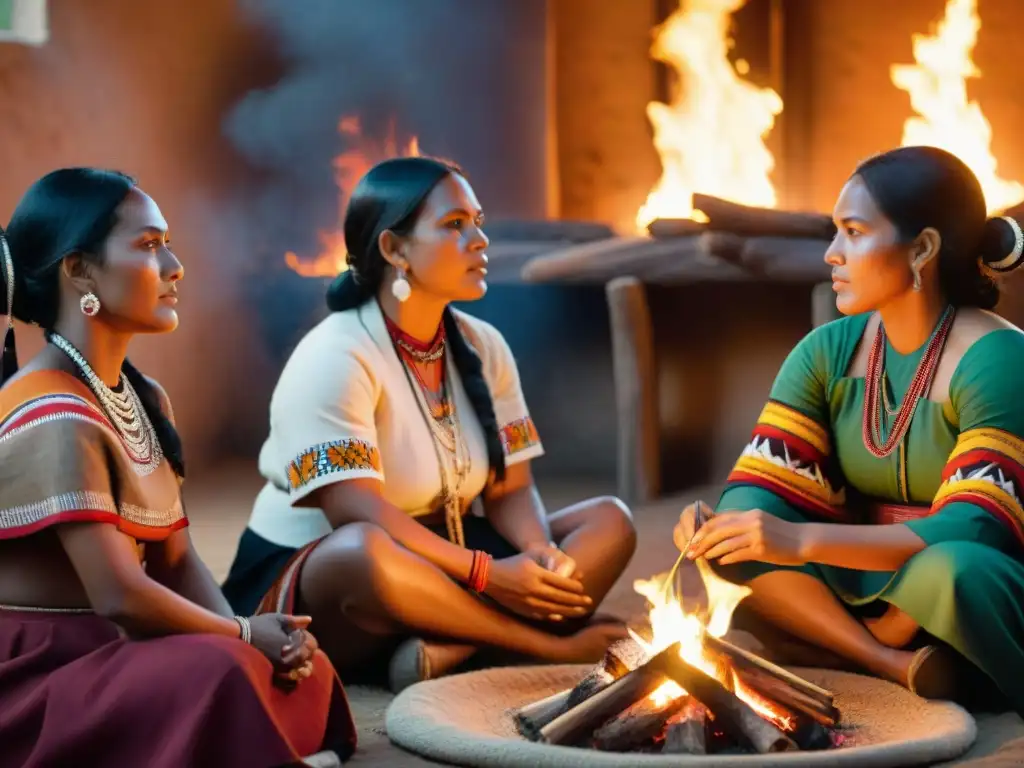 Mujeres indígenas en educación compartiendo saberes alrededor de una hoguera en aula iluminada