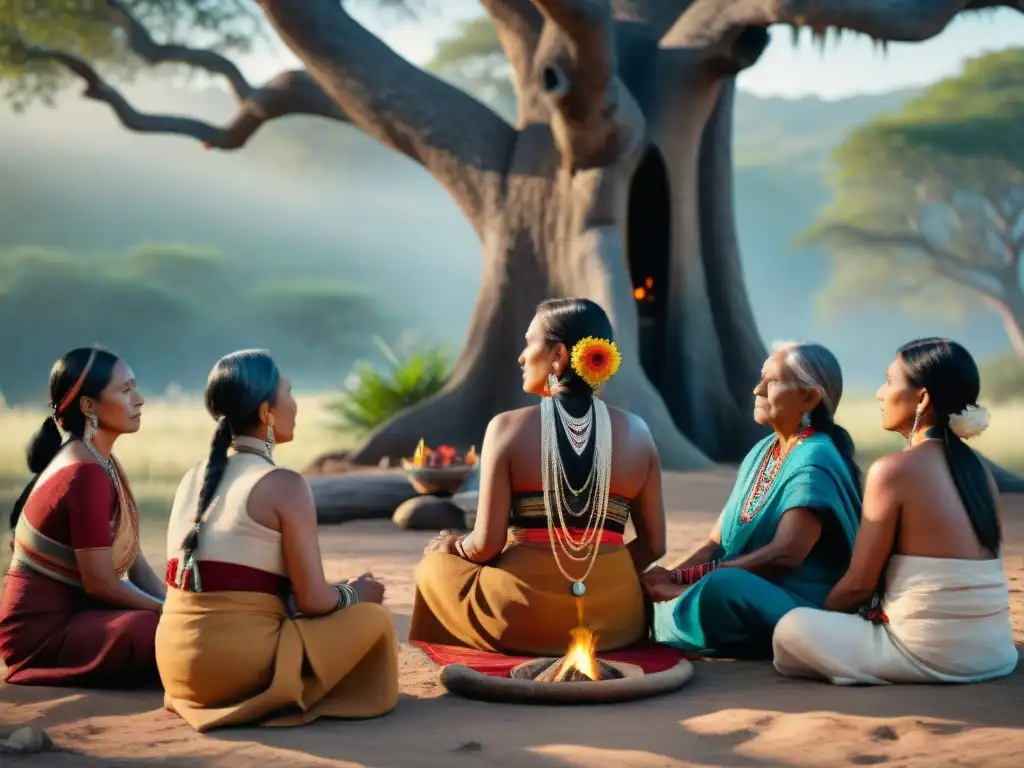 Mujeres indígenas sabias en círculo bajo árbol ancestral en ceremonia espiritual