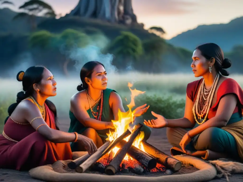 Mujeres indígenas transmiten sabiduría ancestral alrededor del fuego al atardecer