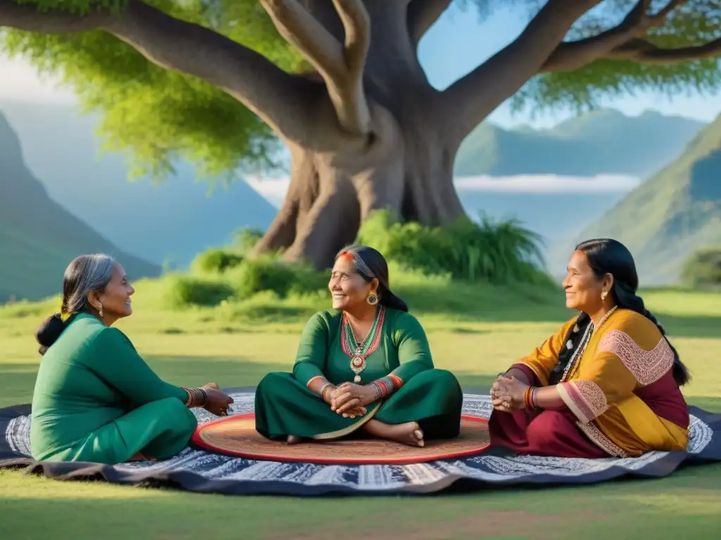 Mujeres indígenas compartiendo sabiduría bajo un árbol, transmitiendo oralmente historias y tradiciones en un escenario natural y vibrante