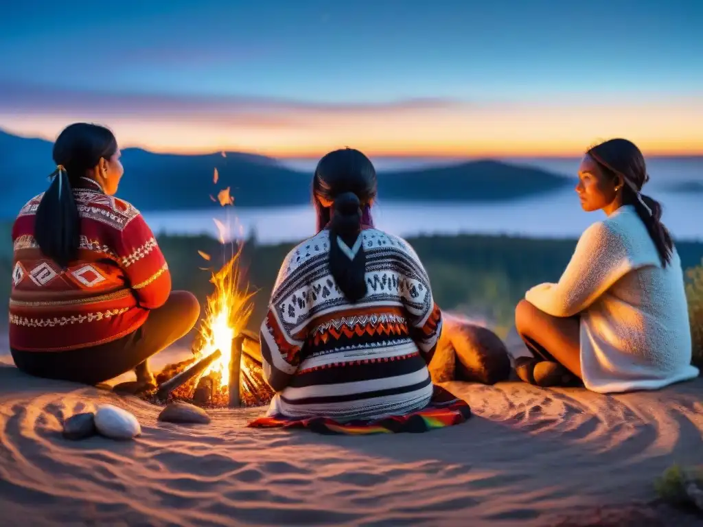 Mujeres indígenas compartiendo sabiduría y tradición alrededor del fuego en la noche estrellada