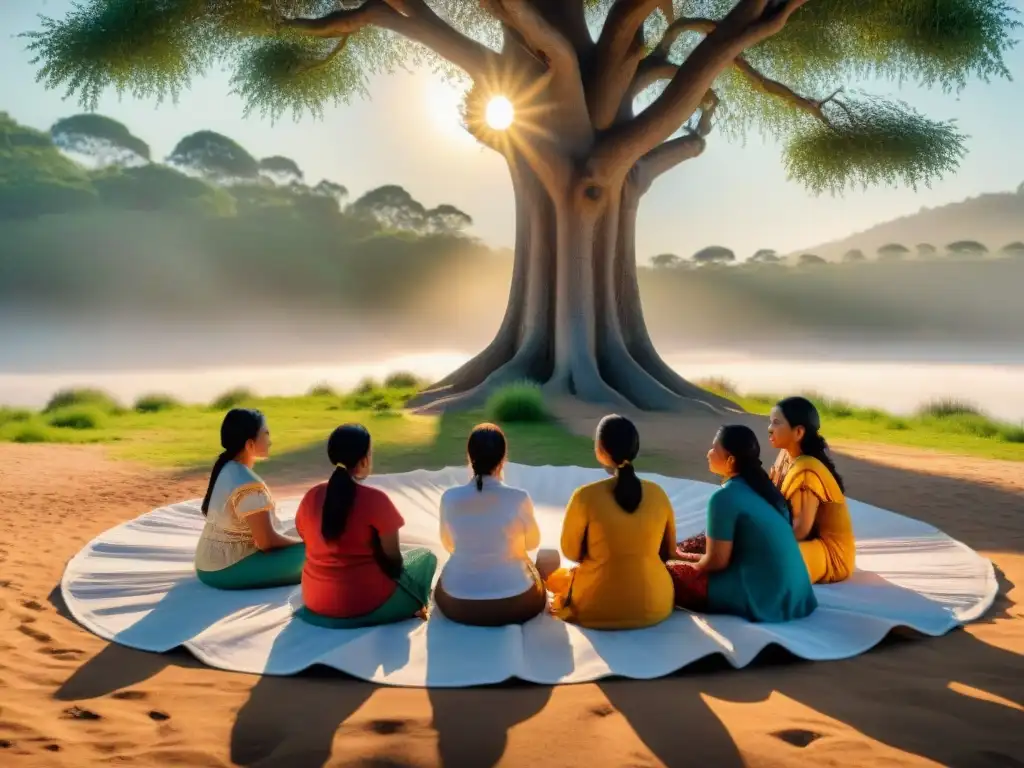 Mujeres indígenas compartiendo sabiduría y tradición al atardecer bajo un árbol