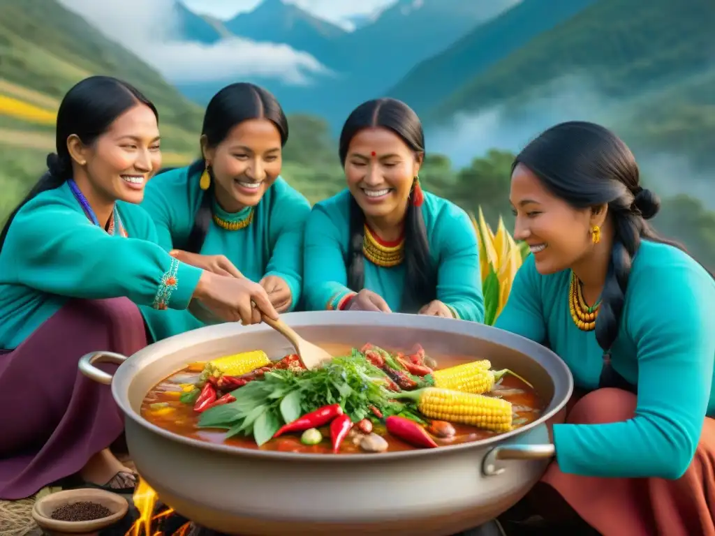 Mujeres indígenas preparando una sabrosa comida tradicional al aire libre, celebrando la gastronomía ancestral