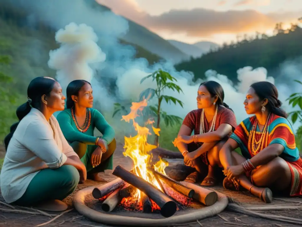 Mujeres indígenas en la selva, luchando por derechos y justicia social alrededor de una fogata