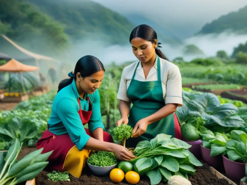 Mujeres indígenas en jardín sostenible cocinando con prácticas tradicionales