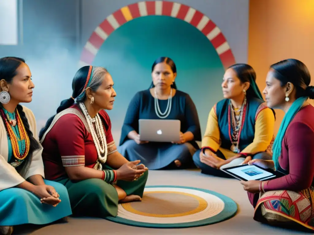 Mujeres indígenas unidas en taller de activismo digital, fusionando tradición y tecnología para la justicia social