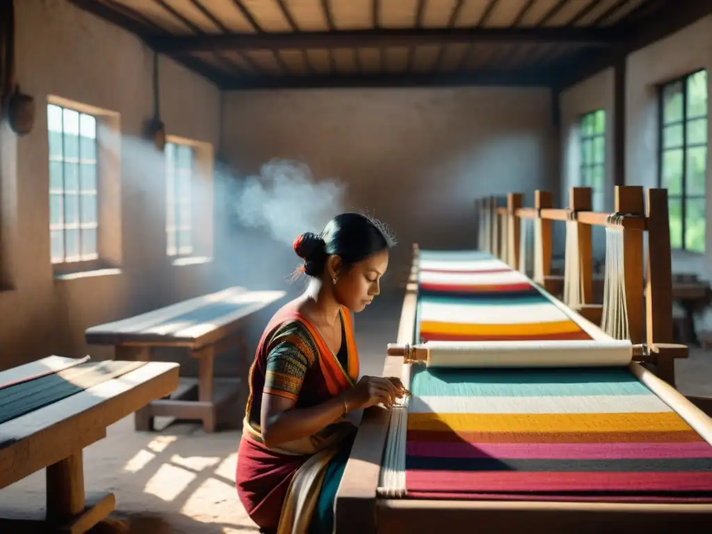 Mujeres indígenas tejiendo en taller textil: preservación textiles tradicionales mujeres