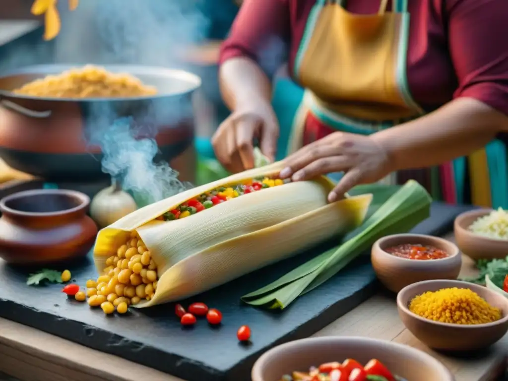 Mujeres indígenas preparando tamales en festival con ingredientes coloridos