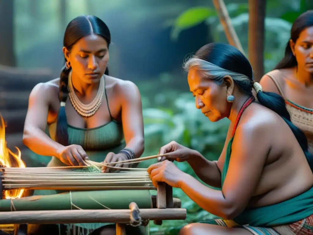 Mujeres indígenas practicando tecnologías tradicionales en comunidad alrededor del fuego en la selva