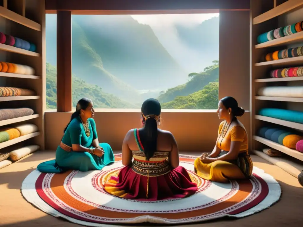 Mujeres indígenas preservando el tejido tradicional con destreza y tradición en un círculo de tejedoras