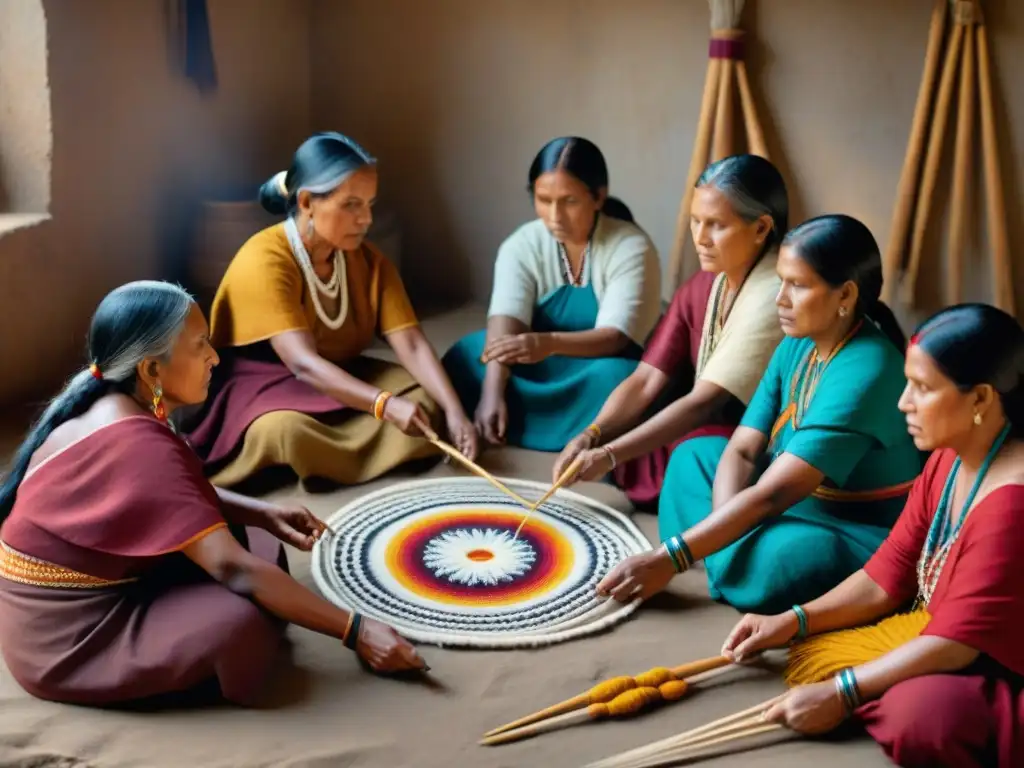 Mujeres indígenas preservando el tejido tradicional en vibrante círculo de trabajo con hilos y herramientas de tejeduría