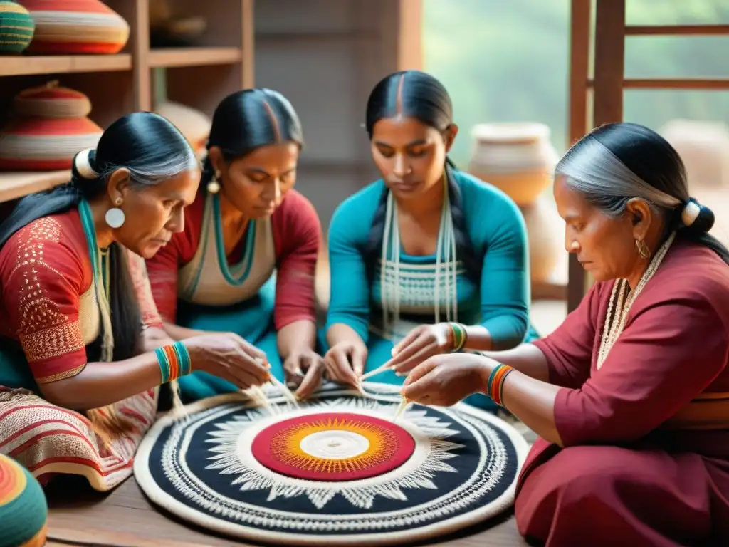 Mujeres indígenas preservando el tejido tradicional con patrones vibrantes y coloridos, reflejando concentración y orgullo en su labor artesanal