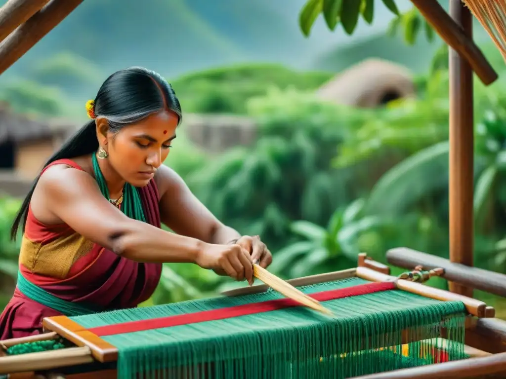 Mujeres indígenas tejiendo en telares tradicionales entre ruinas antiguas, simbolizando resiliencia y herencia cultural frente a la colonización